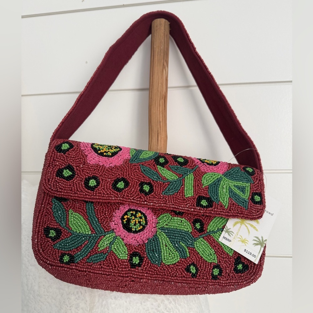 Viral Beaded Floral Shoulder Bag - Burgundy and Green